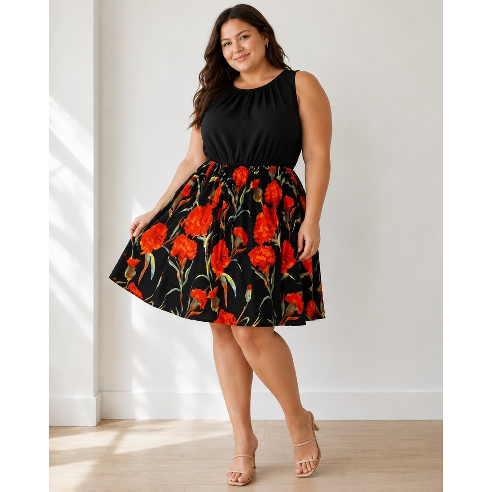 eShakti Midi Dress Black Red Floral Sleeveless Custom Fit A-Line SKU3831